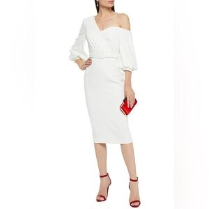 NWT Badgley Mischka Off-The-Shoulder Belted Crepe Midi Dress white bridal sleeve